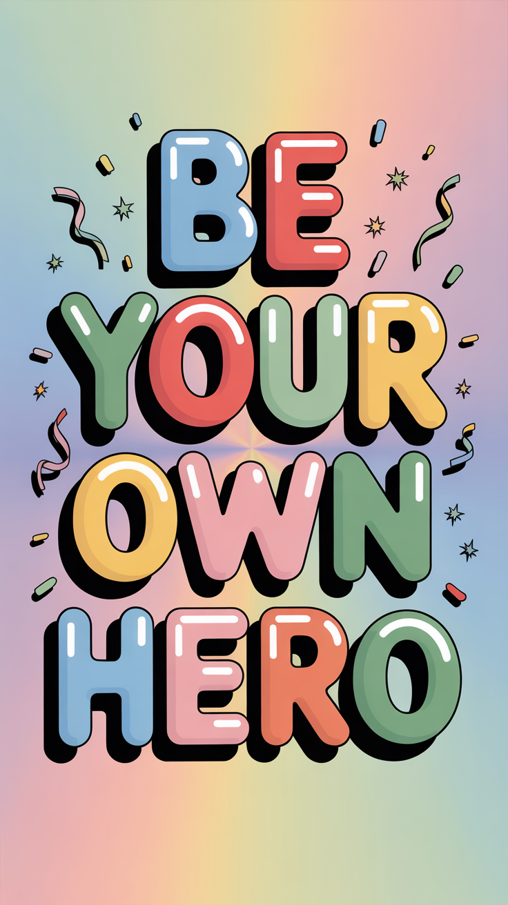 Colorful 3D balloon style letters spelling Be Your Own Hero on a pastel gradient background with confetti and sparkles