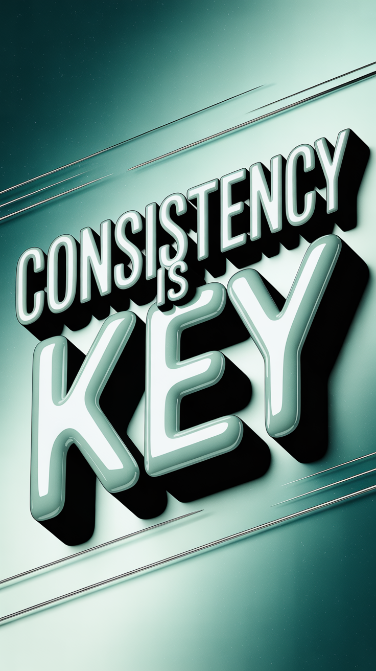 3D render of the motivational phrase Consistency is Key in glossy ceramic letters on a teal to mint gradient background with sparkles