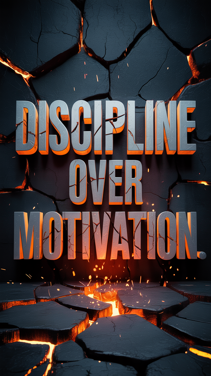 3D metallic word art reading 'Discipline Over Motivation' with glowing molten lava effect on a dark textured background