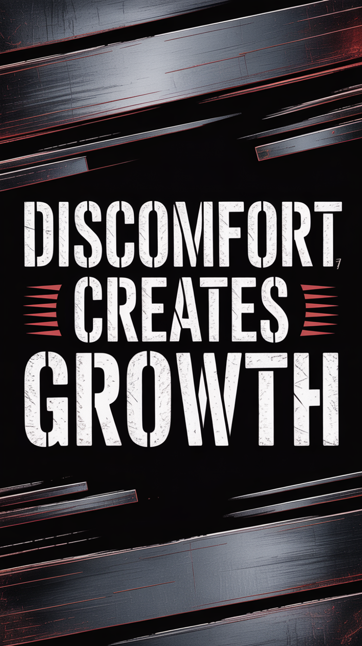 Bold grunge-style motivational lock screen wallpaper with phrase Discomfort Creates Growth on scratched metal background with red lighting accents