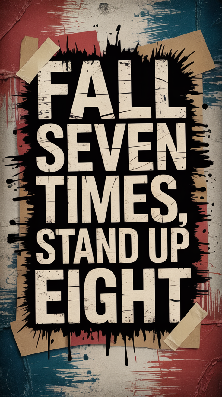 Grunge-style motivational lock screen wallpaper displaying the quote 'Fall Seven Times, Stand Up Eight' with a torn paper collage background and paint splashes