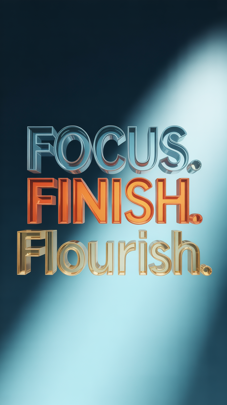3D typography motivational lock screen wallpaper with the words Focus, Finish, Flourish stacked vertically on a gradient navy to sky blue background
