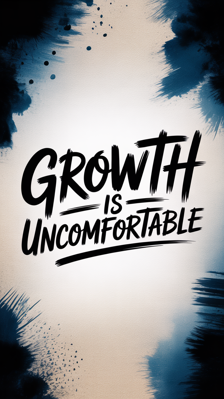 Moody artistic smartphone lock screen wallpaper with phrase Growth is Uncomfortable in hand-painted brush lettering on textured dark blue to black background