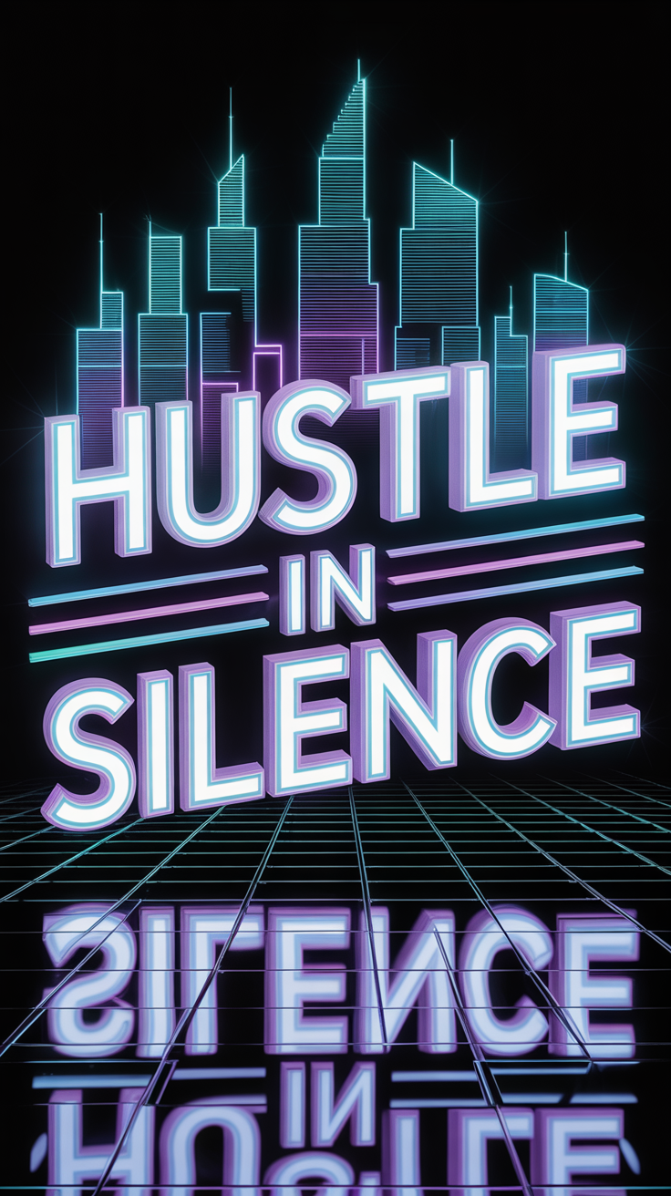 Neon-lit futuristic 3D design with glowing holographic text 'Hustle in Silence' over a sleek black mirrored surface and digital cyberpunk skyline