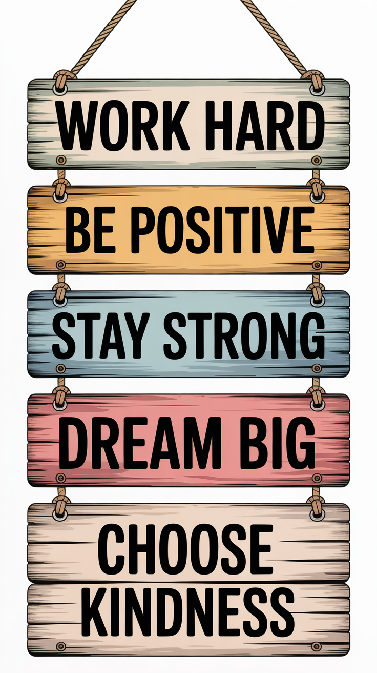 Motivational lock screen wallpaper with weathered wooden planks showing messages work hard, be positive, stay strong, dream big, choose kindness