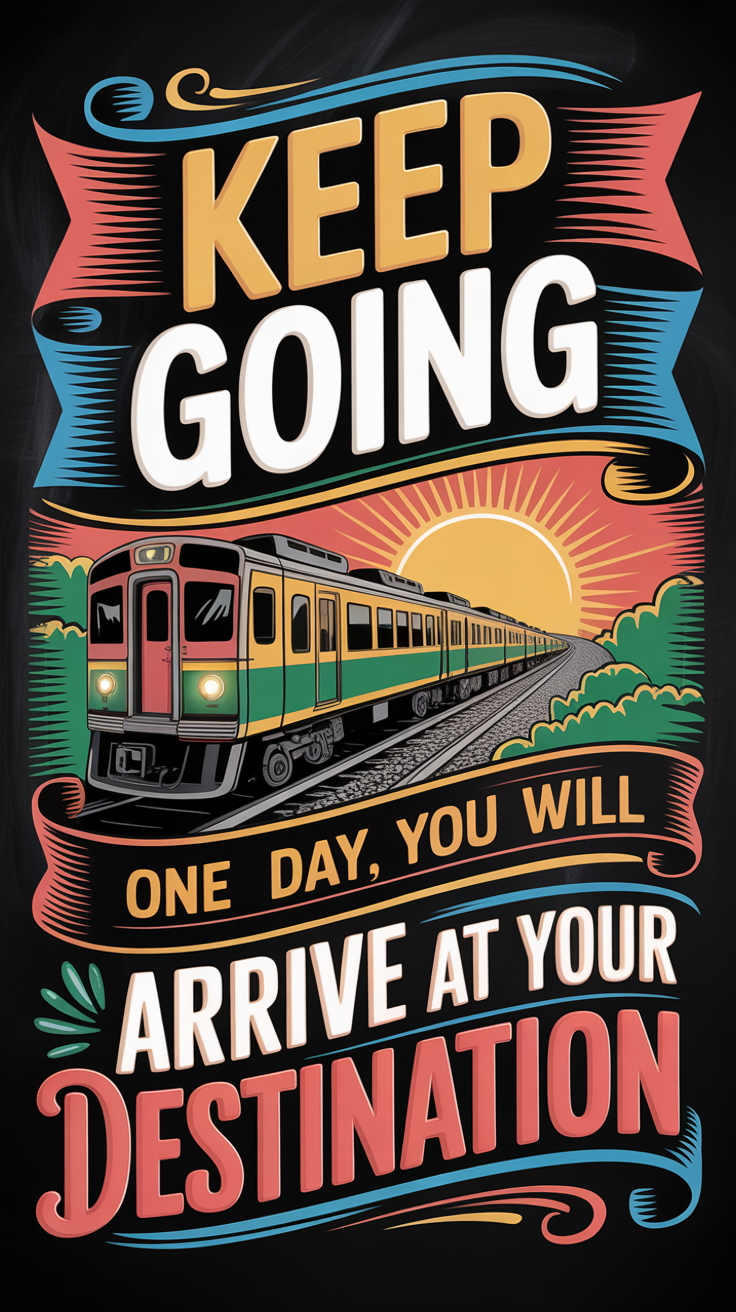 Motivational chalkboard-style lock screen wallpaper with the phrases Keep Going, Towards Your Goal, One Day You Will, and Arrive At Your Destination, featuring a train traveling towards a sunrise