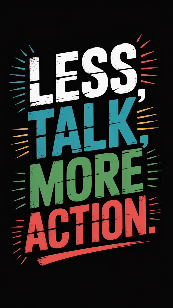 Grunge-inspired motivational wallpaper with the quote 'Less Talk, More Action' in vibrant colors on a black background