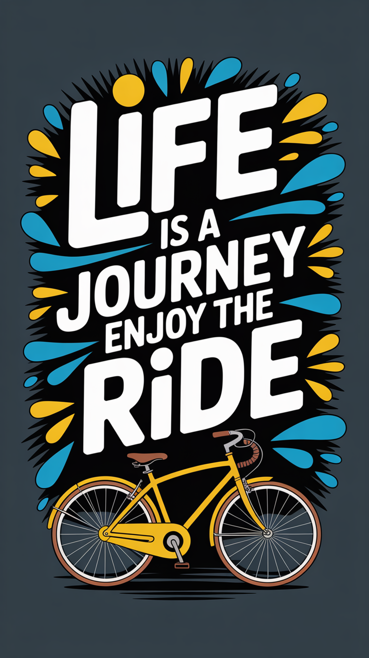 Vibrant motivational lock screen wallpaper with the quote 'Life Is A Journey Enjoy The Ride' featuring a retro yellow bicycle and dynamic blue and yellow splashes on a dark background