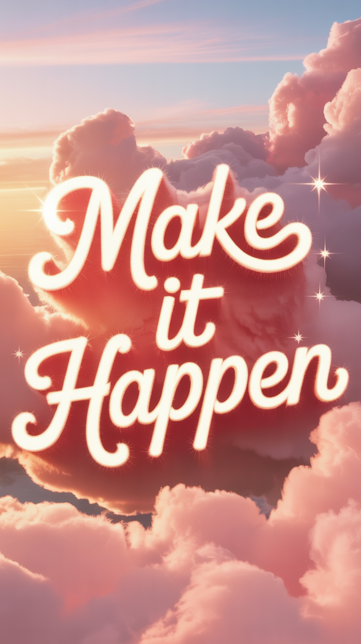 Dreamy lock screen wallpaper with 'Make it Happen' in cloud typography over a pastel sunrise sky