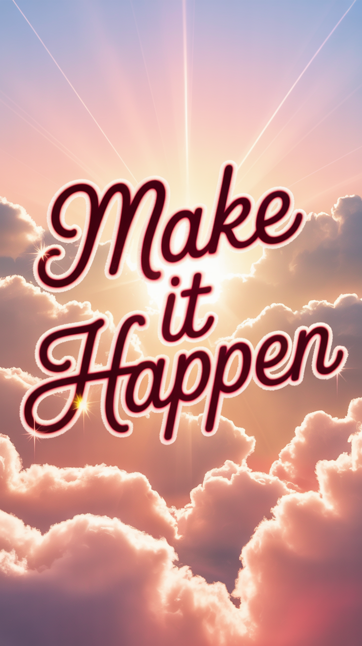 Dreamy lock screen wallpaper with the phrase 'Make it Happen' in cursive cloud typography over pastel sunrise sky