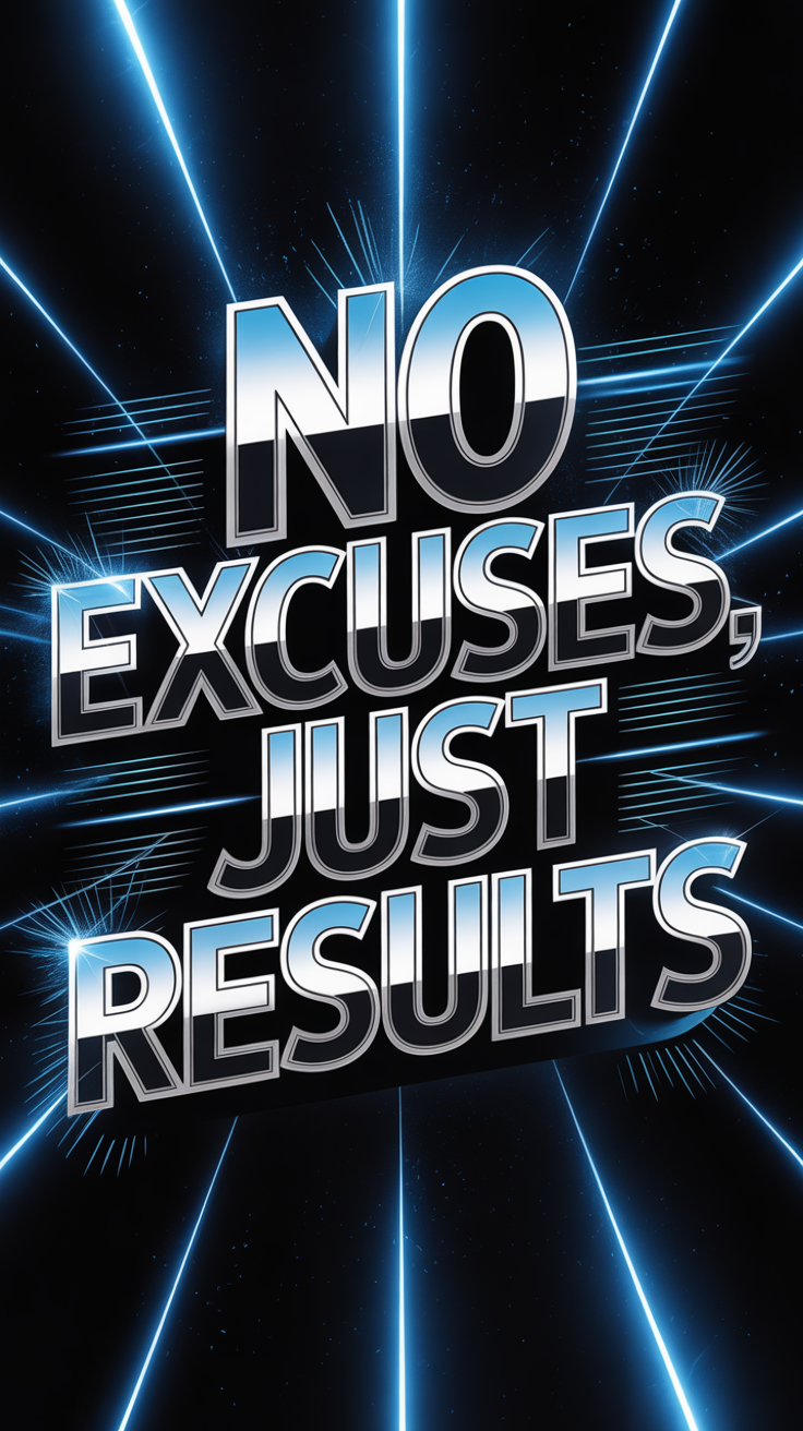 3D chrome text saying No Excuses Just Results on a black background with glowing electric blue lines and sparks