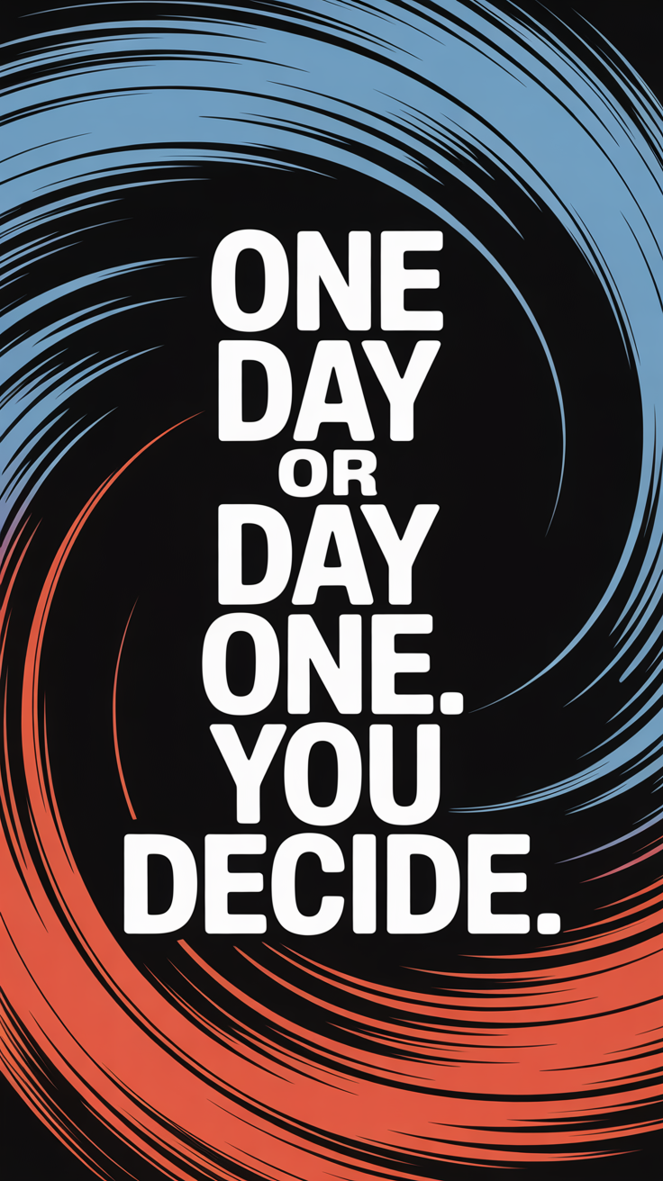 Typographic motivational lock screen wallpaper with the phrase 'One Day or Day One. You Decide.' spiraling inward in gradient colors