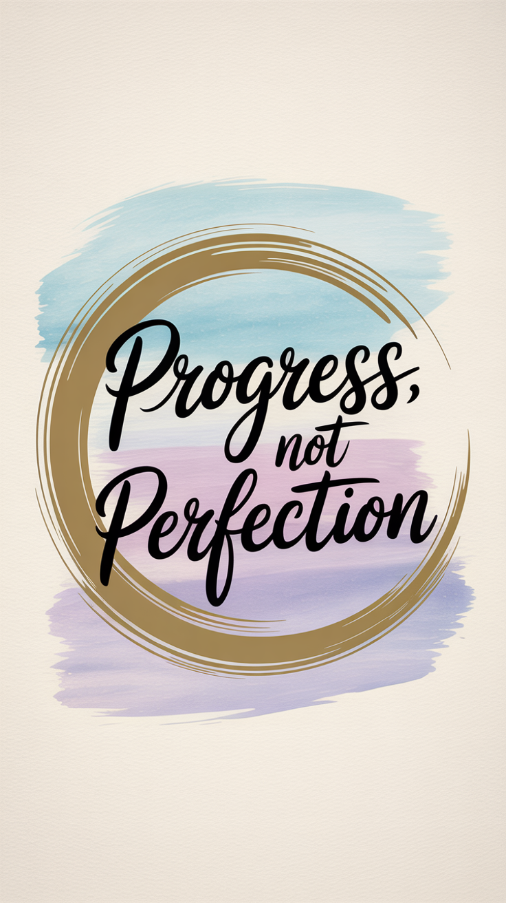 Motivational lock screen wallpaper with the quote 'Progress, Not Perfection' written in golden brushstroke typography arranged in a circular Zen enso design on a calming blue and purple watercolor background