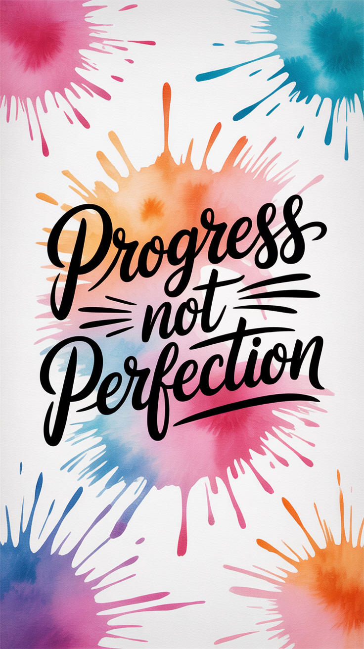 Vibrant watercolor illustration of Progress Not Perfection with pink, blue, and orange splashes