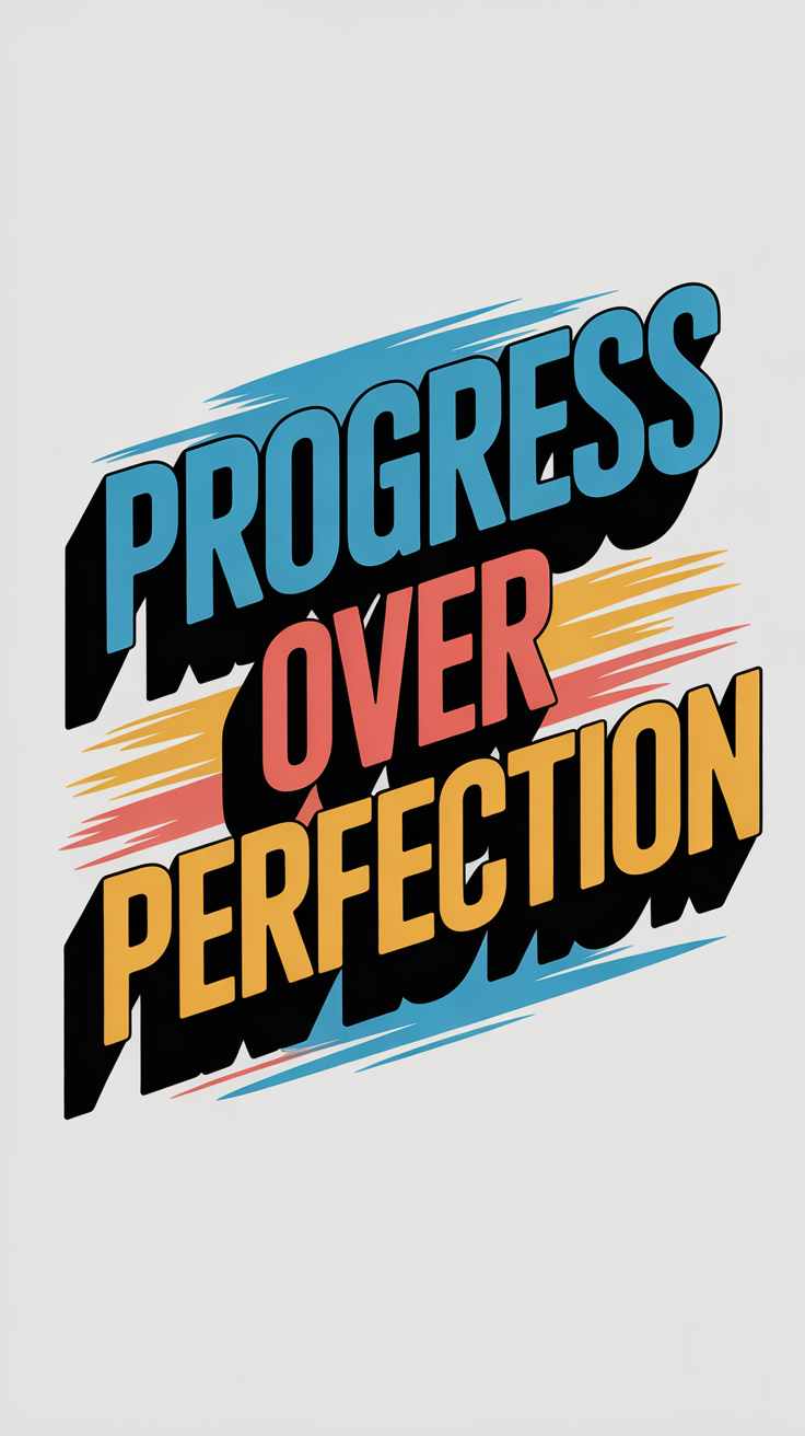 3D typography motivational lock screen wallpaper with phrase Progress Over Perfection in vibrant deep blue, coral red, and bright yellow on white background