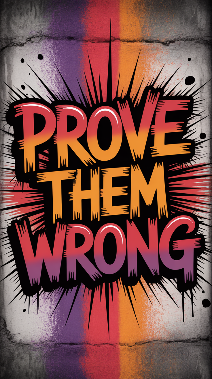 Bold graffiti-style lettering saying Prove Them Wrong on distressed concrete wall with red, purple, and orange splatter