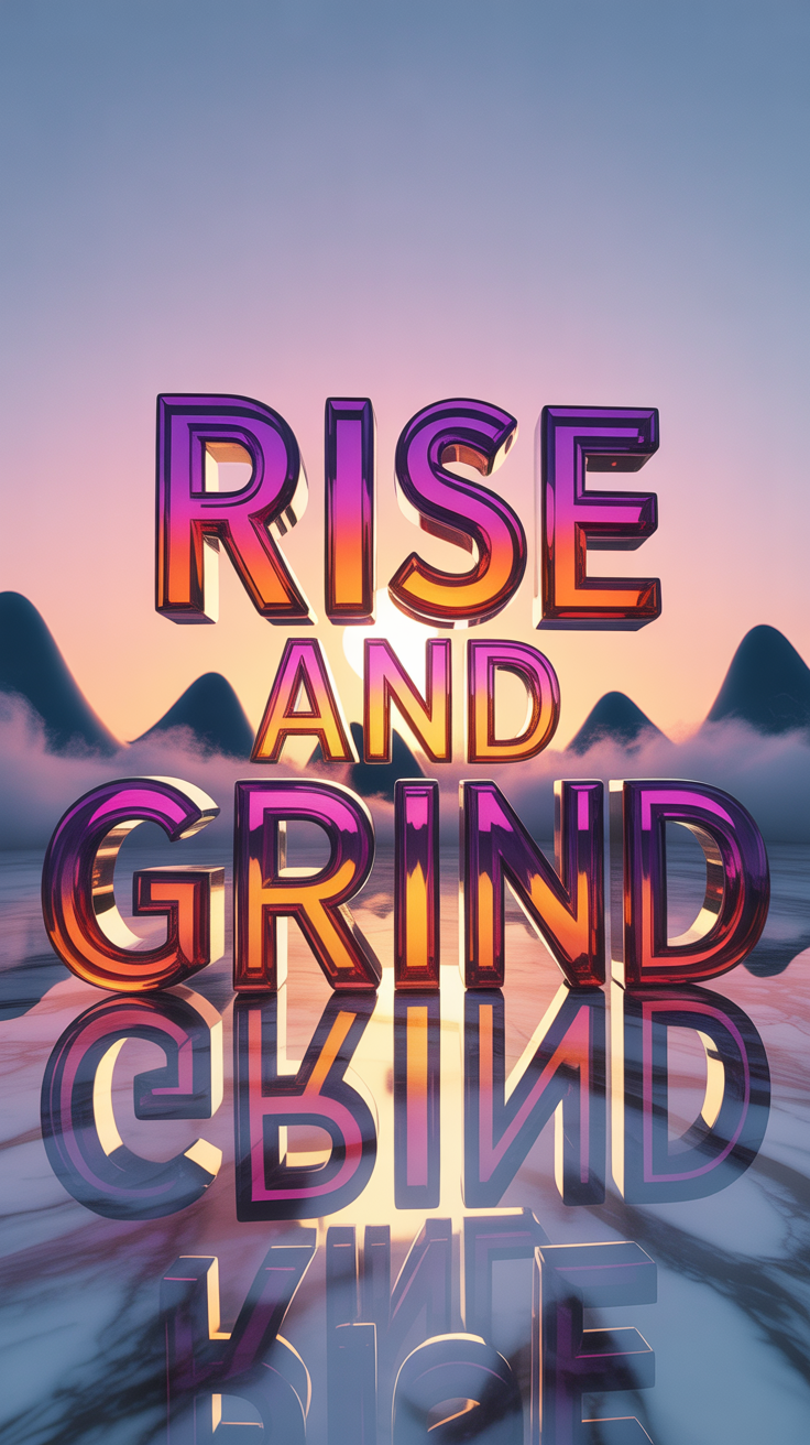 3D glowing crystal letters spelling Rise and Grind with sunrise colors above reflective marble surface and mountain silhouette