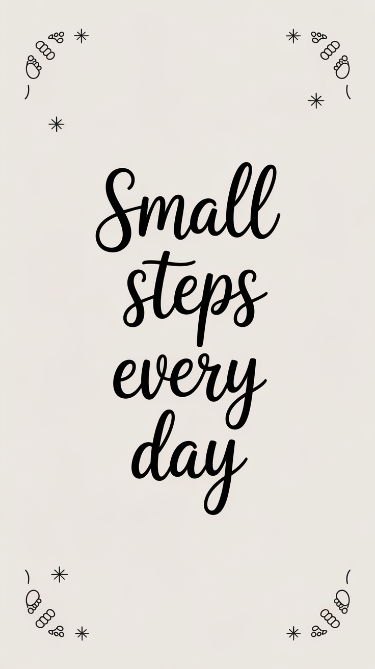 Minimalist smartphone lock screen with the motivational quote Small Steps Every Day on a cream background with footprints and stars