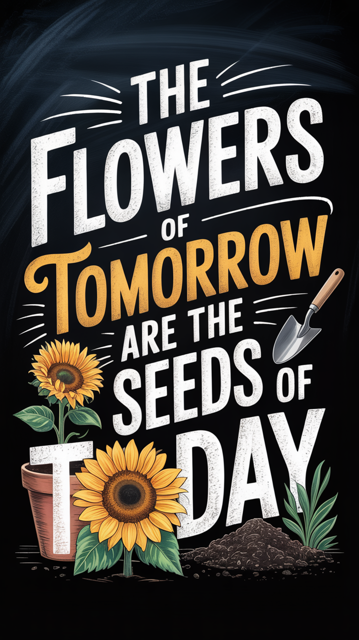 Chalkboard-style motivational wallpaper with the quote 'The flowers of tomorrow are the seeds of today' featuring a vibrant sunflower, hand trowel, and soil illustrations