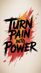 Dynamic brushstroke typography of the quote 'Turn Pain Into Power' with fiery red and orange paint splashes on pale textured background