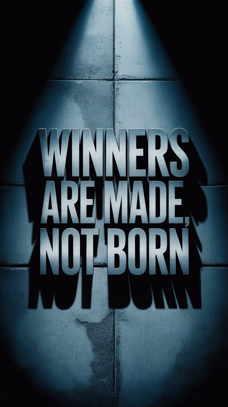 Motivational lock screen wallpaper with the quote Winners are Made, Not Born in bold block letters lit by a spotlight over a dark blue and silver cinematic background