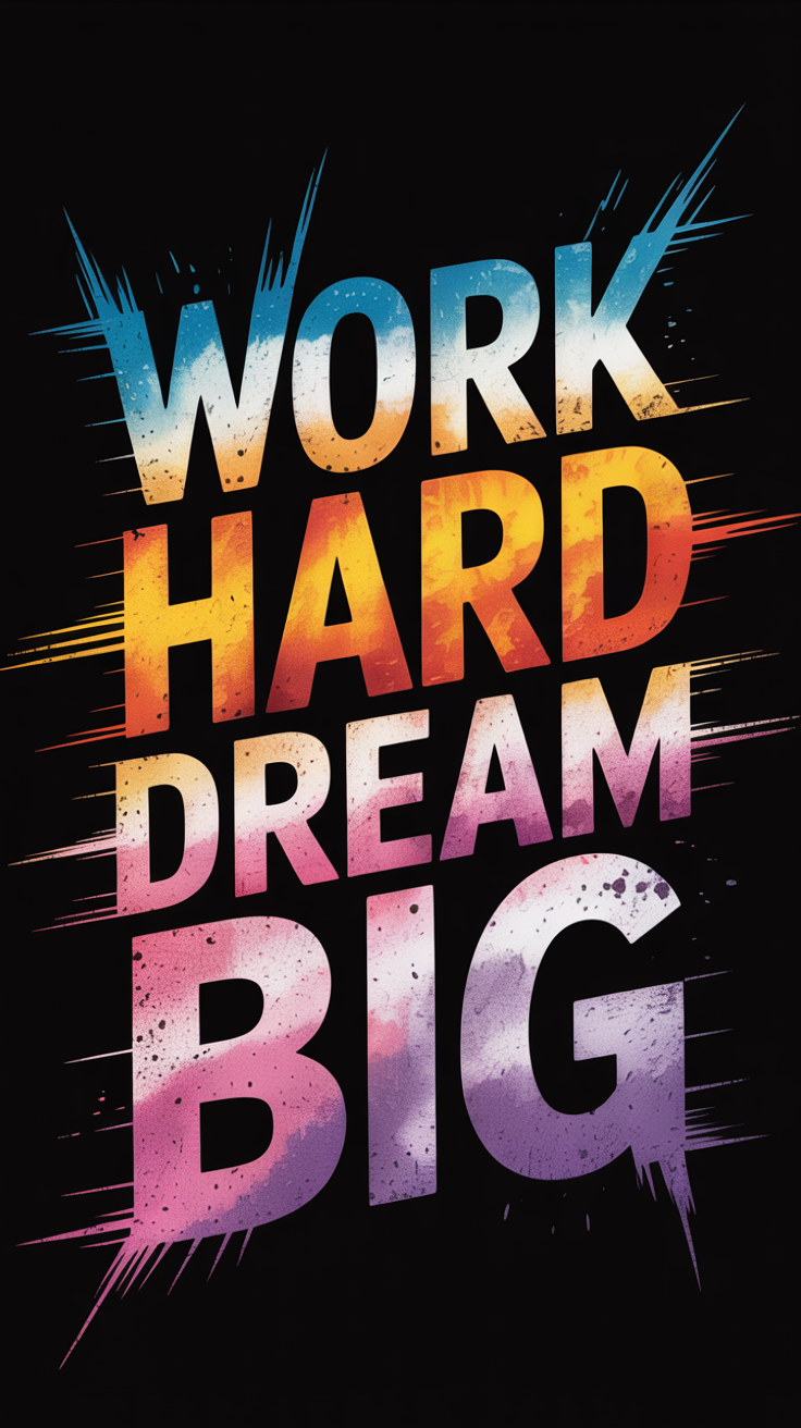 Motivational lock screen wallpaper with 'WORK HARD' and 'DREAM BIG' text in vibrant distressed style on black background