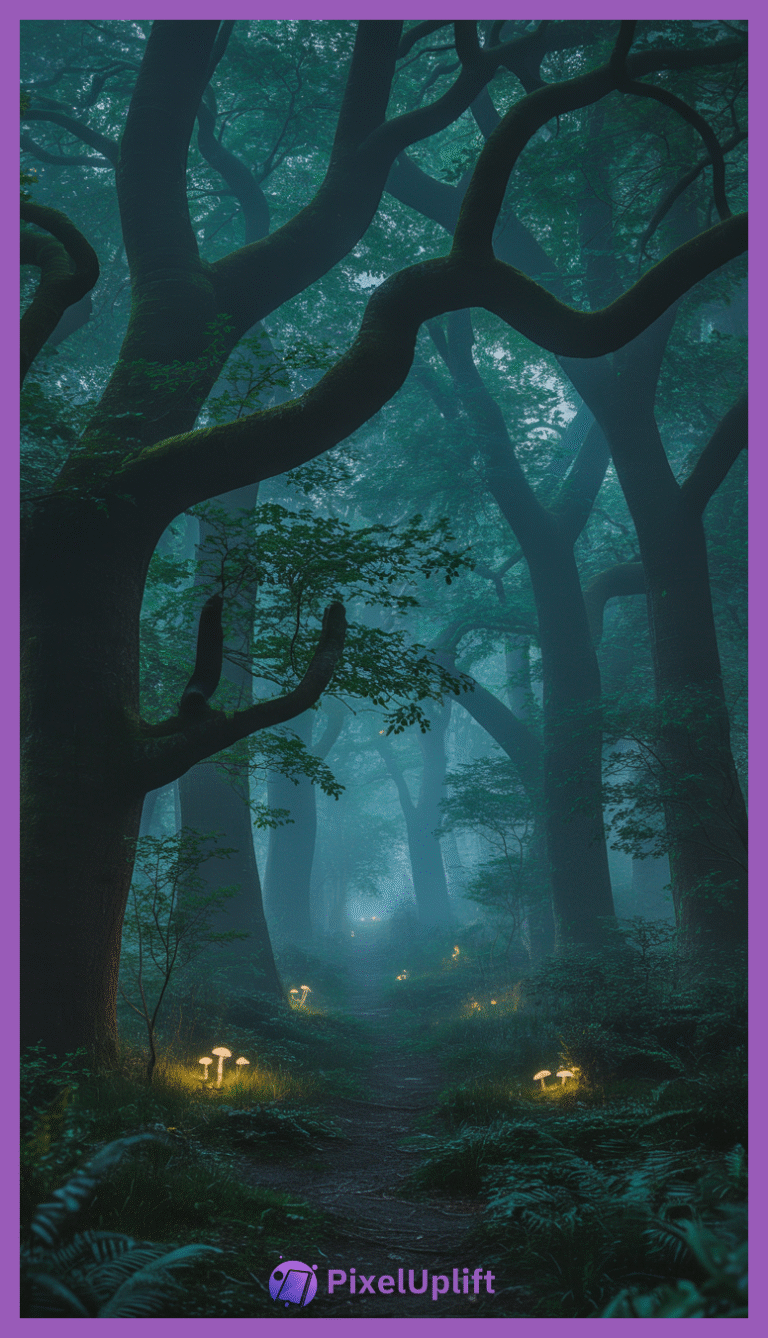 Mysterious enchanting forest phone wallpaper with glowing mushrooms and misty pathway