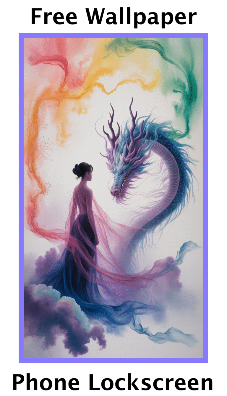 Mystical woman with flowing fabrics facing a blue dragon with antler-like horns against a colorful misty background