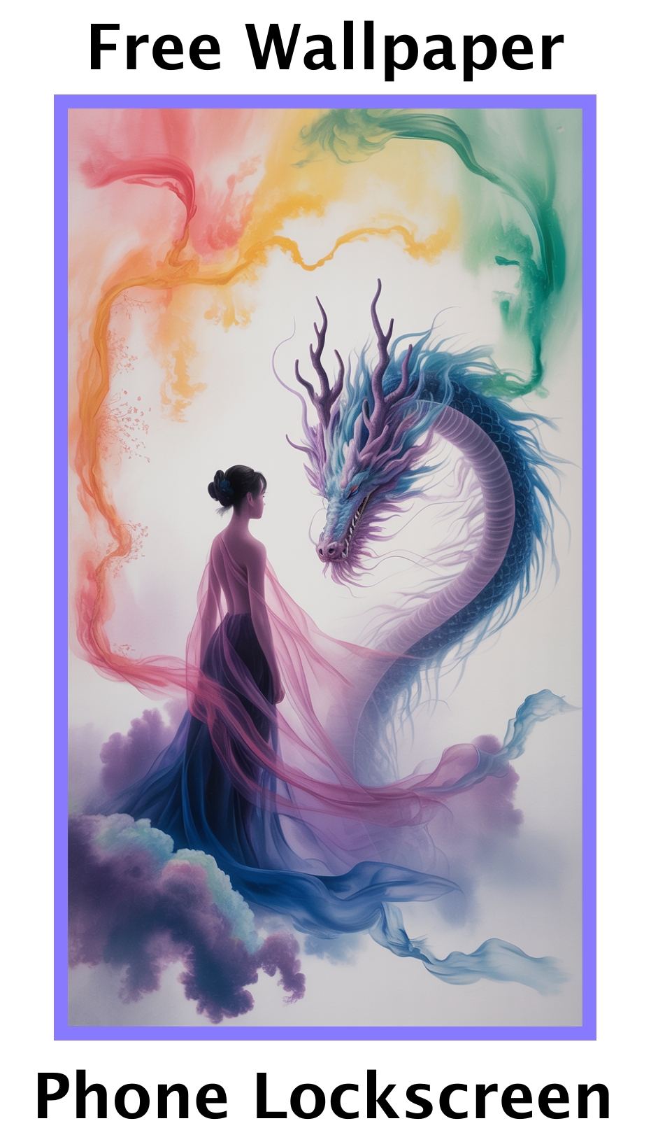 Mystical woman with flowing fabrics facing a blue dragon with antler-like horns against a colorful misty background