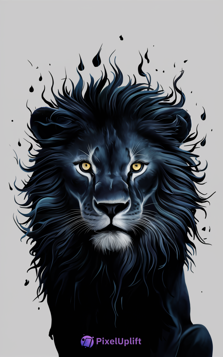 Digital illustration of a black lion with dark blue mane and piercing yellow eyes on a light gray background