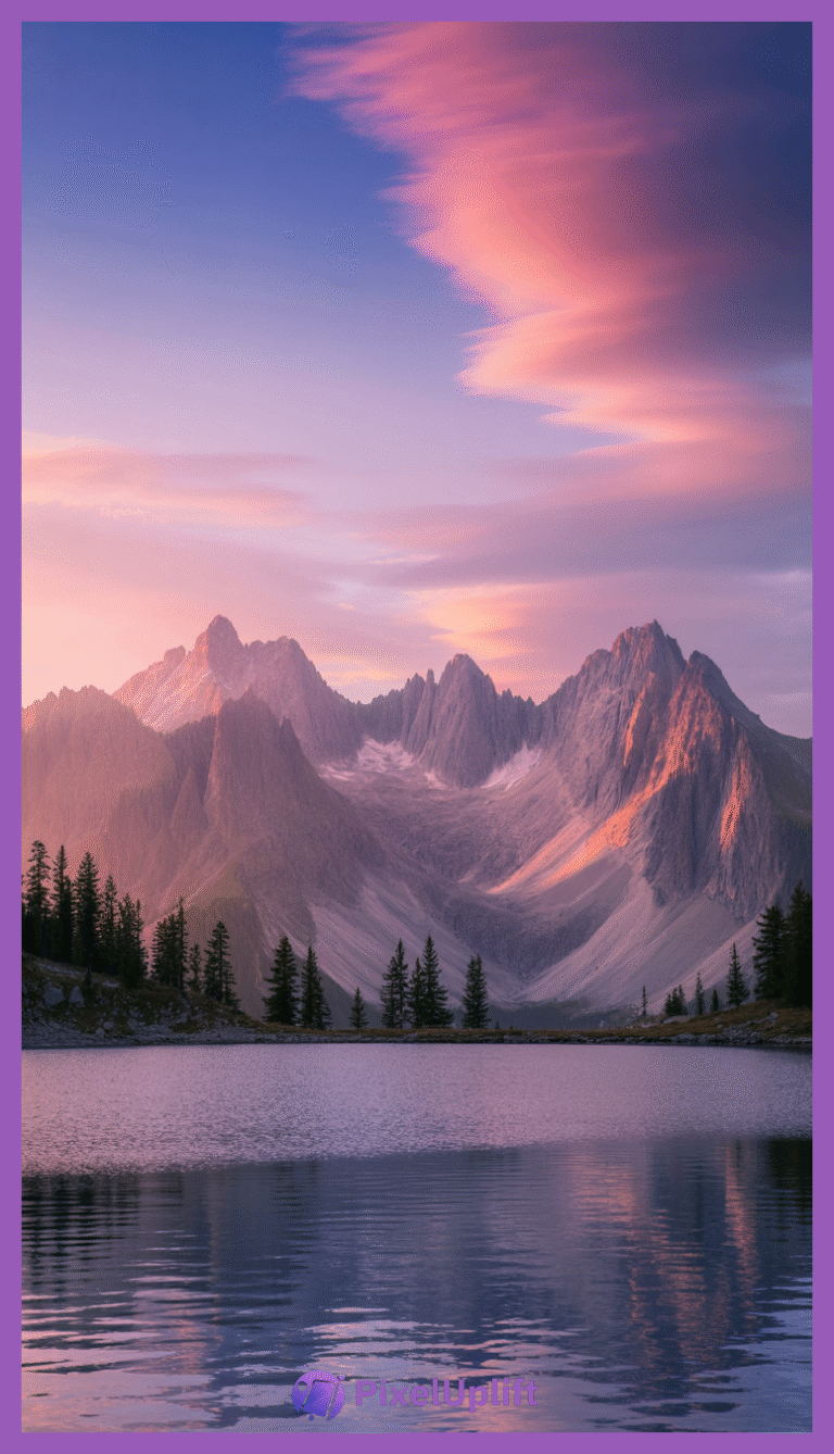 Serene mountain landscape at sunrise with calm reflective water and evergreen trees under a pink and purple sky