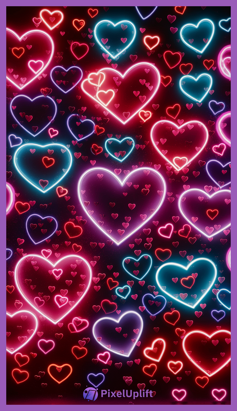 Vibrant neon heart phone wallpaper lockscreen with colorful glowing hearts on dark background
