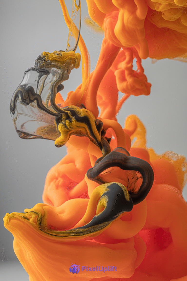 Vibrant swirl of orange, yellow, and black ink suspended in clear liquid on a neutral background