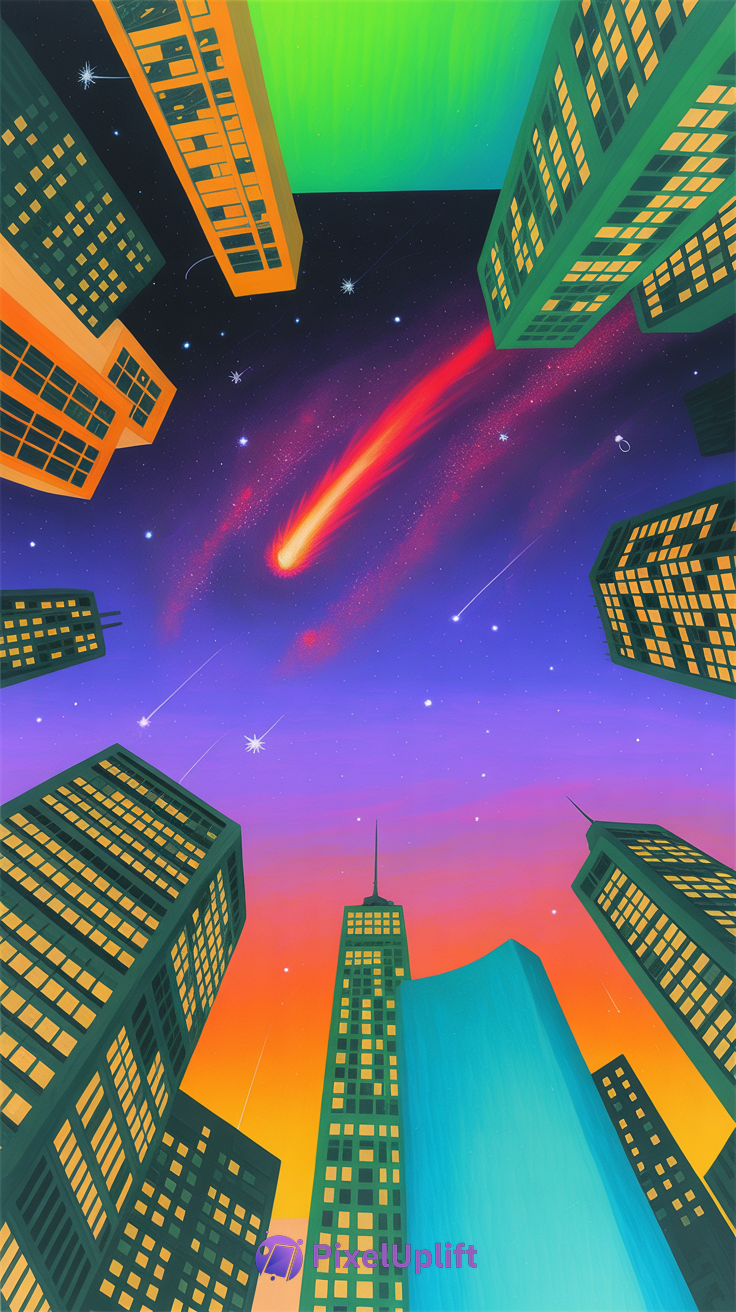 Colorful digital illustration of a city street at night with tall buildings, illuminated windows, a gradient purple-blue-orange sky with stars and a bright comet streaking across