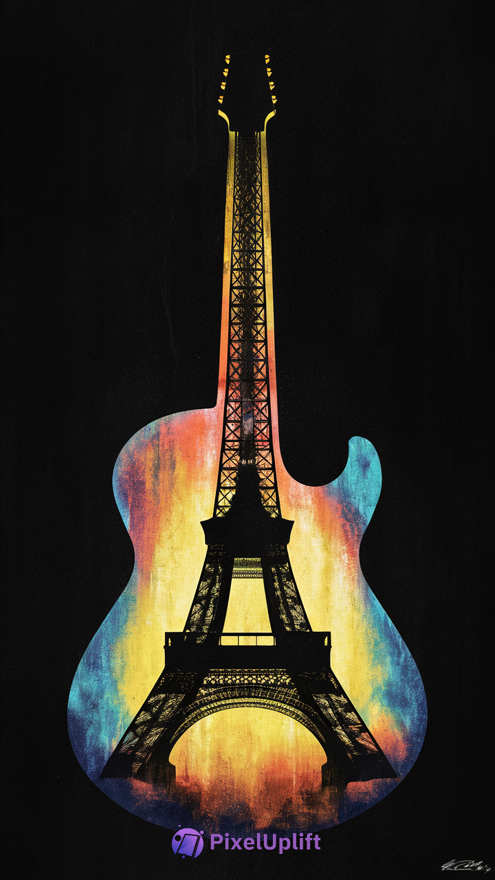 Creative phone wallpaper showing Eiffel Tower silhouette merged with electric guitar against vibrant watercolor background