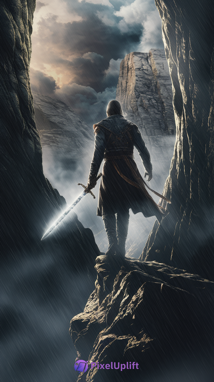 Dark warrior in medieval armor holding glowing sword on rocky cliff with stormy sky phone wallpaper