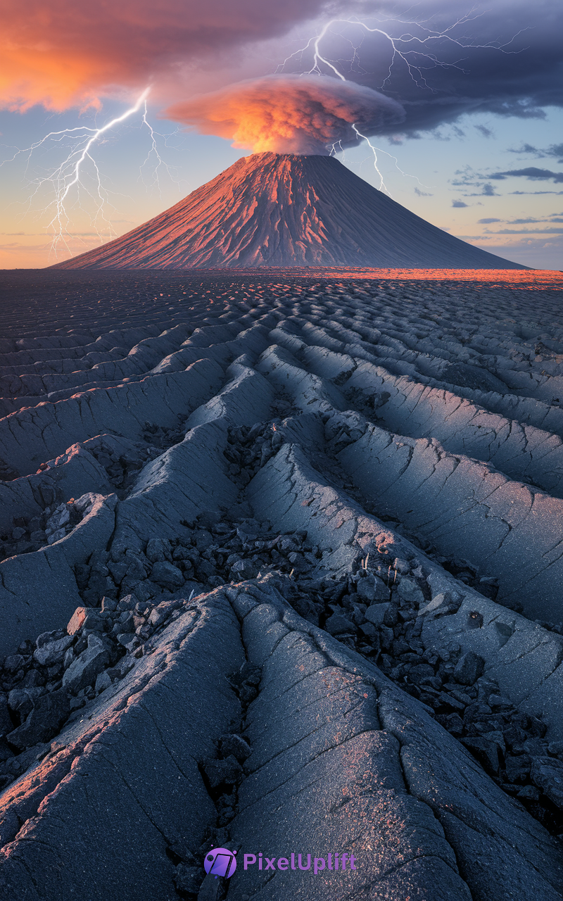 Dramatic volcanic eruption with glowing orange ash plume, dark storm clouds, lightning strikes, and cracked volcanic terrain