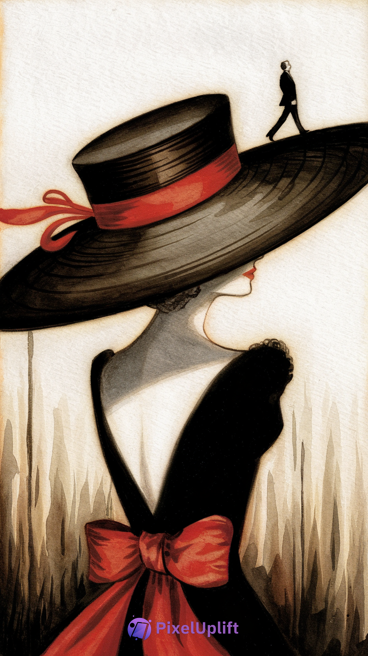 Stylized artistic illustration of a woman viewed from behind wearing a black wide-brimmed hat with a red band and bow, with a small silhouette of a man walking on the hat brim, set against a muted gradient background
