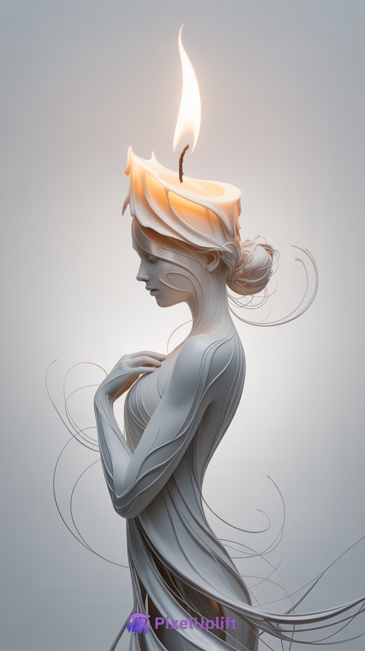 Elegant surreal sculpture of a woman with melting candle head and lit flame phone wallpaper