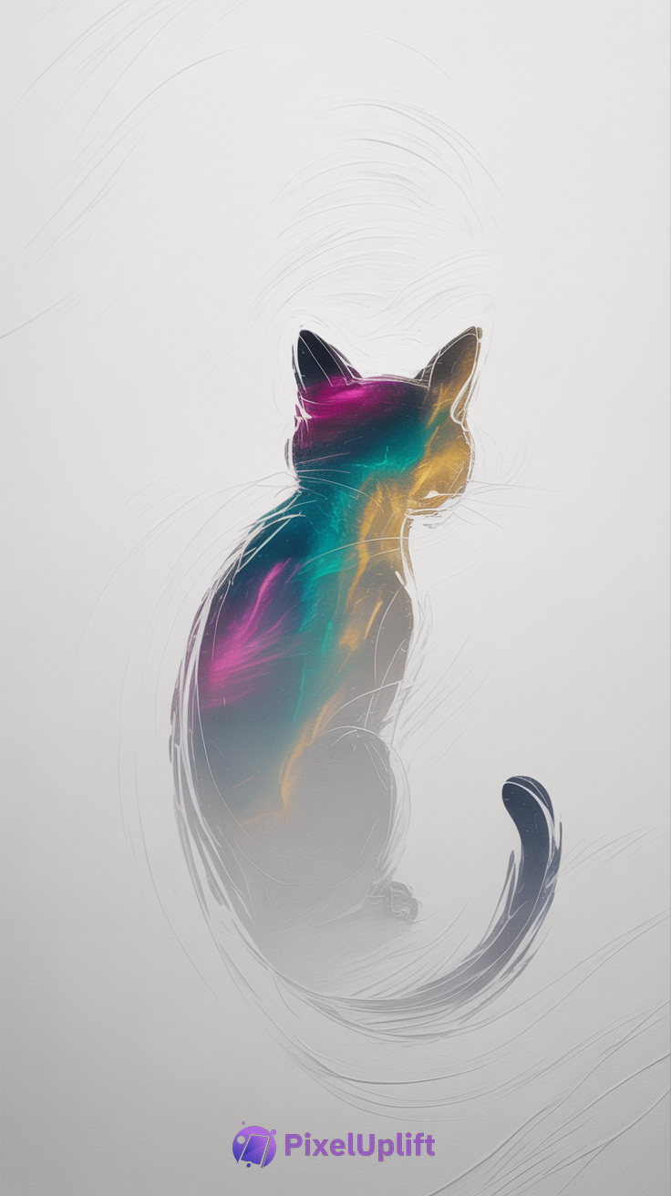 Minimalist abstract cat silhouette wallpaper with vibrant purple, teal, and gold nebula colors on a light background