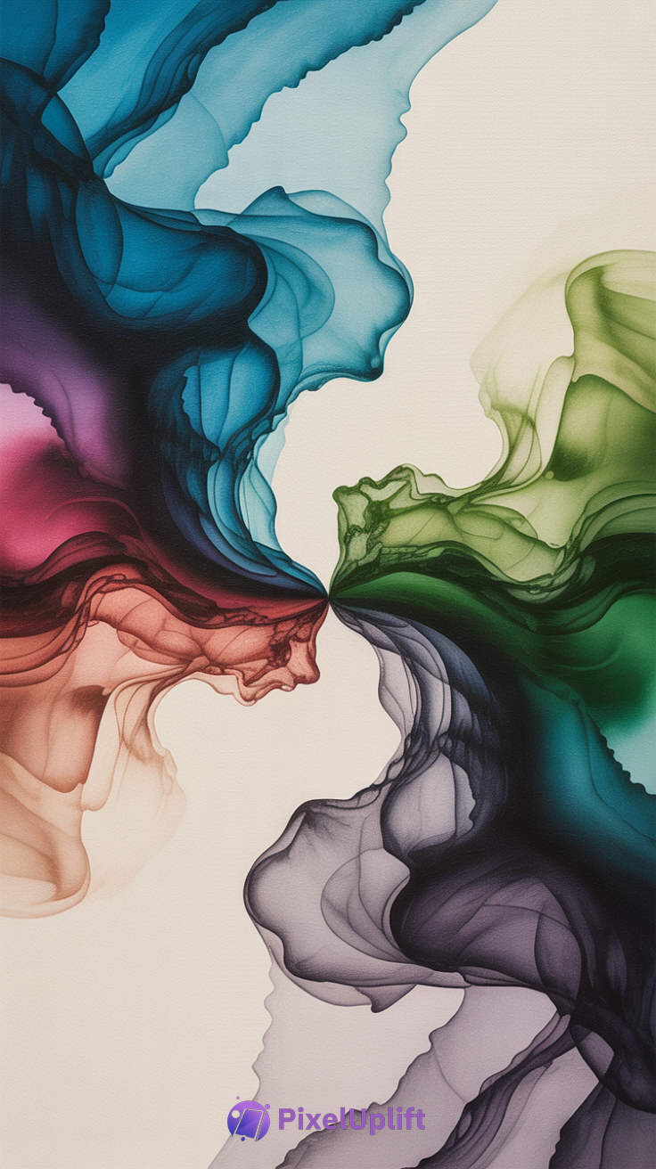 Abstract colorful smoke-like forms on light beige background creating an ethereal phone wallpaper