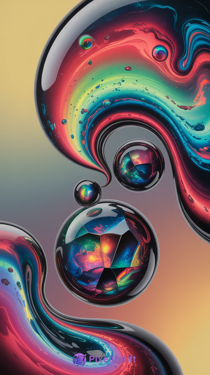 Abstract cosmic phone wallpaper with swirling colorful 3D spheres and gradient background