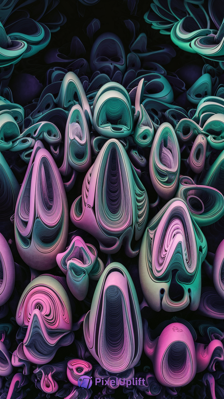 Abstract surreal phone wallpaper with glossy tubular forms in metallic teal, pink, and purple on a dark background
