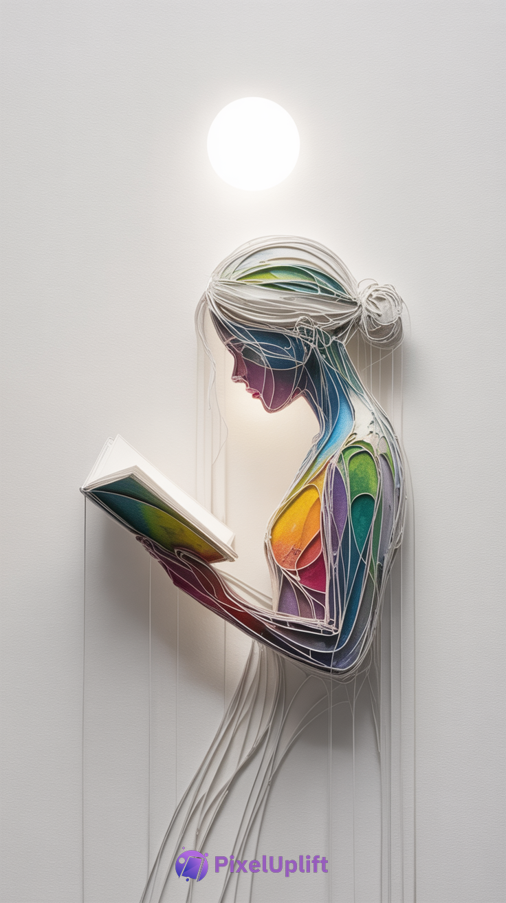Abstract colorful woman reading a book with glowing orb light on light background phone wallpaper