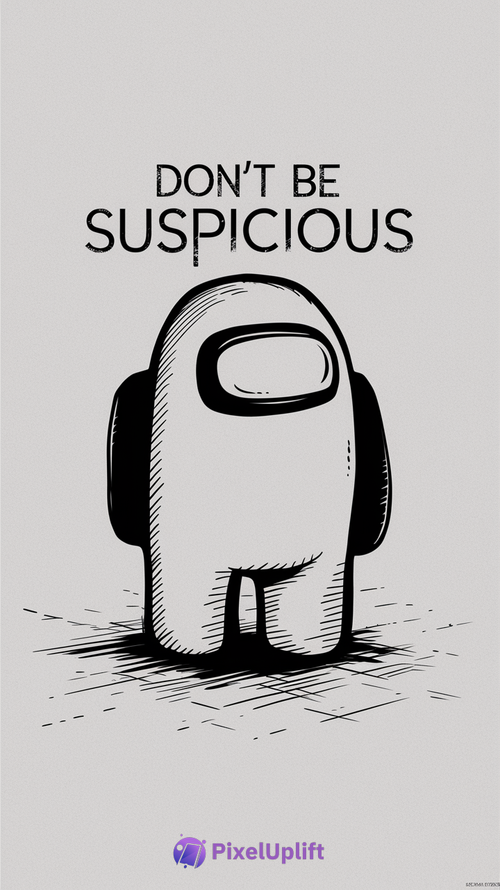 Monochrome sketch of Among Us character with bold text Don't Be Suspicious on gray background phone wallpaper