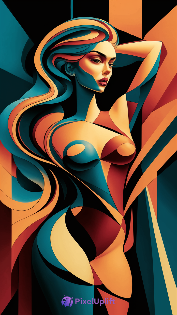 Abstract cubist-style digital artwork of a woman with warm orange and red tones contrasted with cool blue and teal, perfect as a phone wallpaper