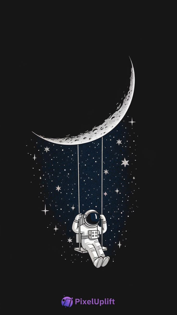 Artistic illustration of an astronaut sitting on a swing attached to a crescent moon with a dark starry space background