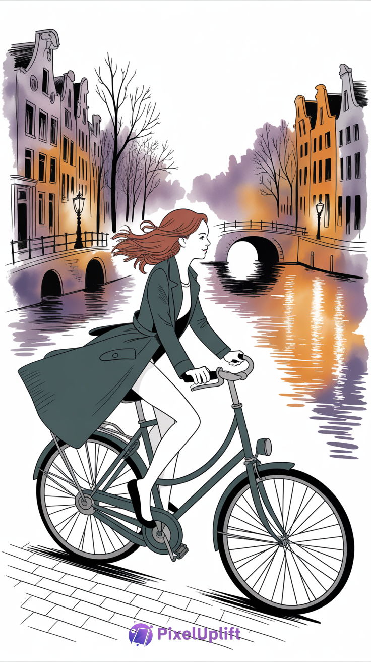 Artistic phone wallpaper of a woman riding a bicycle along a canal in a city resembling Amsterdam during sunset