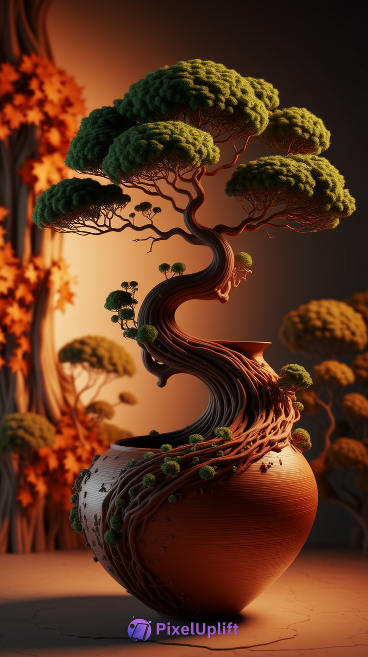 Surreal bonsai tree with thick twisting trunk growing from a ribbed terracotta pot in warm orange and brown tones