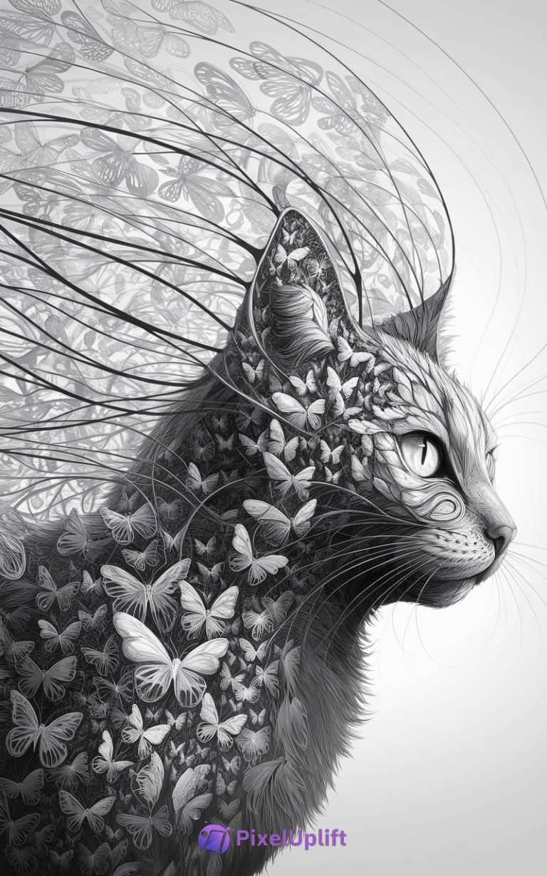 Monochrome artistic phone wallpaper of a cat composed of butterflies with some flying away on gradient background